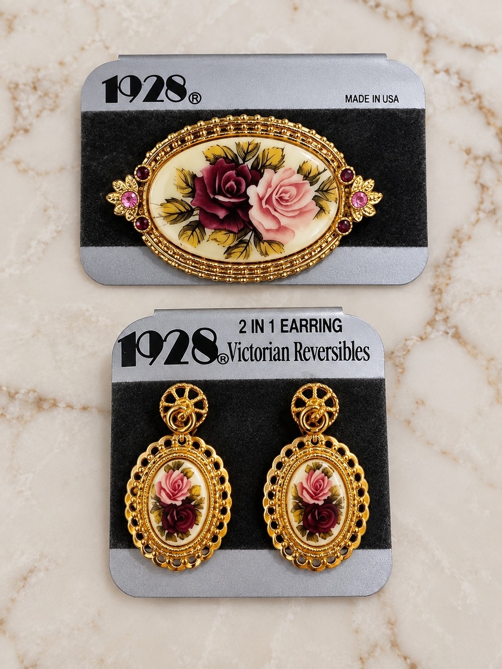 Vintage 1928 Victorian Reversibles Floral Brooch & Matching 2-in-1 Earrings Set